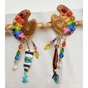 Vintage Lunch At The Ritz Artist Palette Earrings Paint Tube Brush Rhinestone